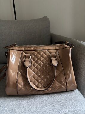 Mango Patent Quilted Satchel in Taupe Brown